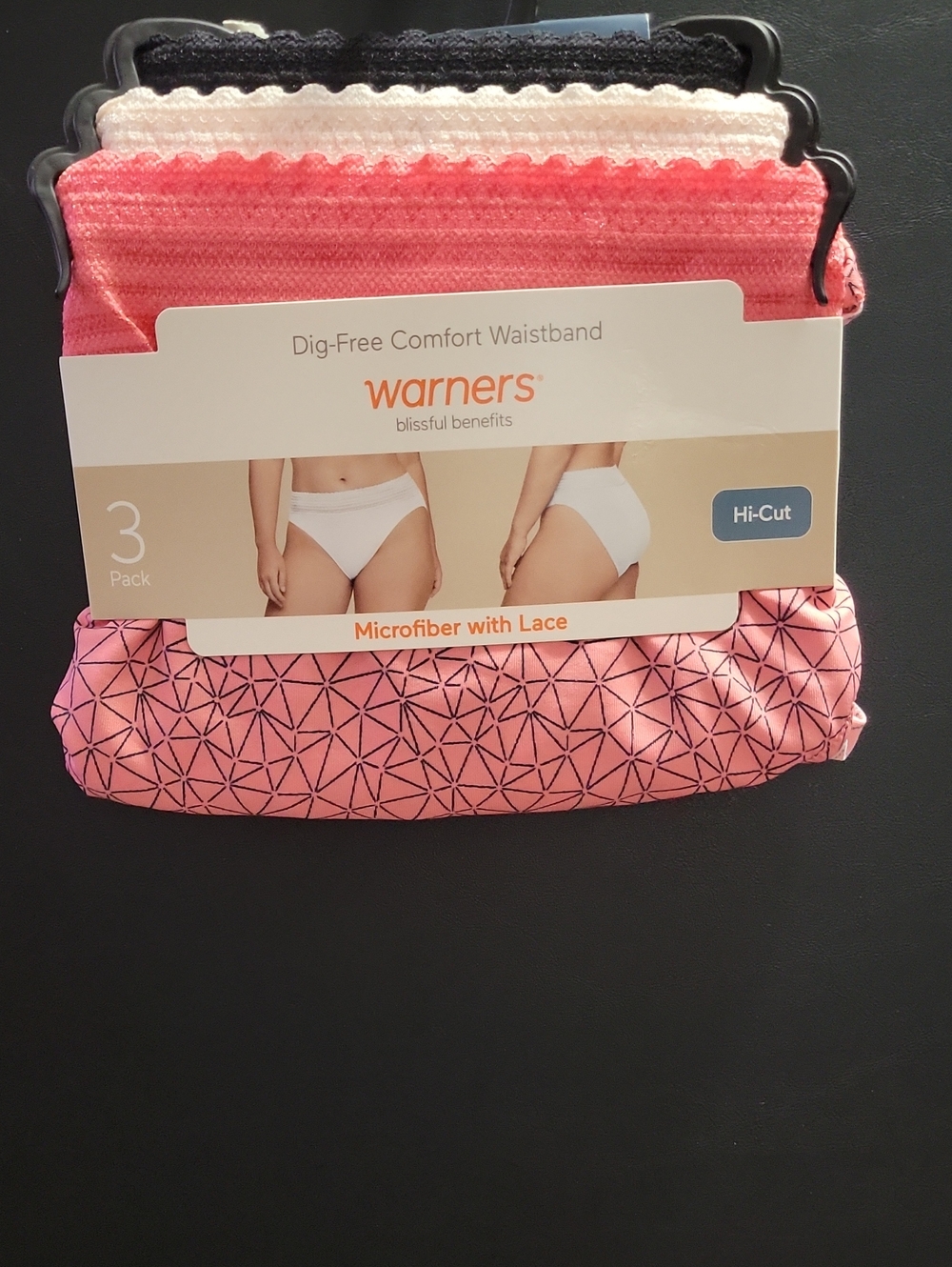 Warners 3-Pack Microfiber Lace Hi-Cut Panties - Black, White, Coral/Peach.  T15